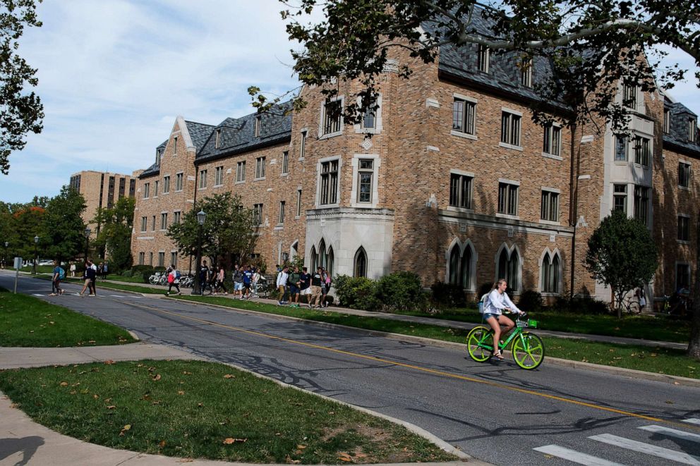 PHOTO: Students move around campus at the University of Notre Dame in South Bend, Ind., Sept. 12, 2017. 