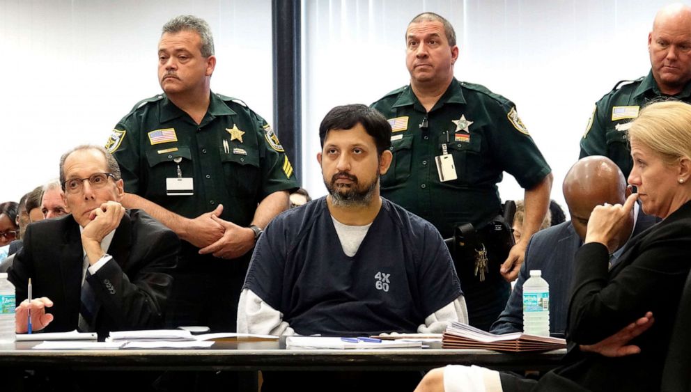 PHOTO: Nouman Raja sits in the courtroom with his defense team for sentencing for the shooting death of Corey Jones, April 25, 2019, in West Palm Beach, Fla.