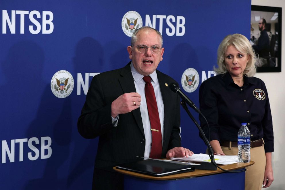 PHOTO: Chair of the NTSB, Jennifer Homendy, listens as Robert Hall, Director of the NTSB's Office of Railroad, Pipeline and Hazardous Materials, speaks on the East Palestine train derailment, Feb. 23, 2023, in Washington, D.C.