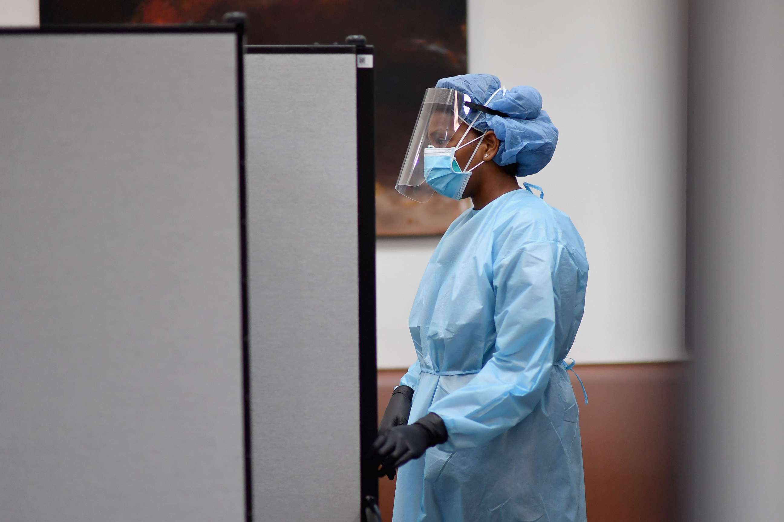 PHOTO: A registered nurse waits to test residents for COVID-19 antibodies at Abyssinian Baptist Church in the Harlem neighborhood of New York City on May 14, 2020.