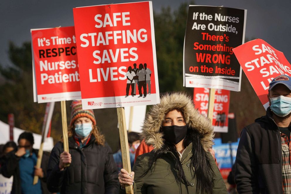 PHOTO: Registered nurses protest outside their employer, St. Mary Medical Center, in Langhorne, Pennsylvania, on Nov. 17, 2020. The nurses are on strike calling for better wages and adequate staffing amid rising COVID-19 hospitalizations.