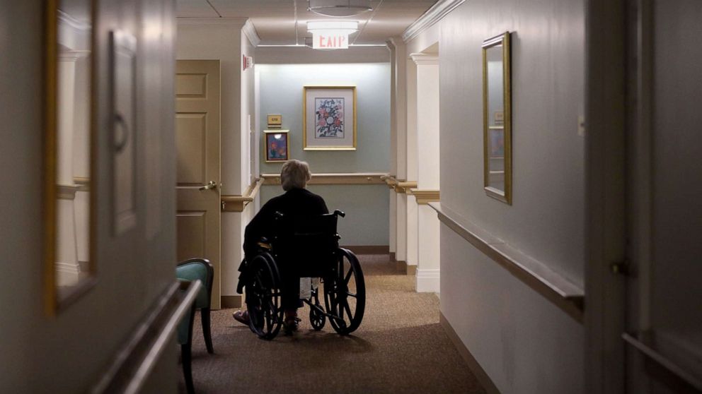 PHOTO: A resident in a wheelchair at an assisted living facility in Boston, MA, Sept. 2, 2020.