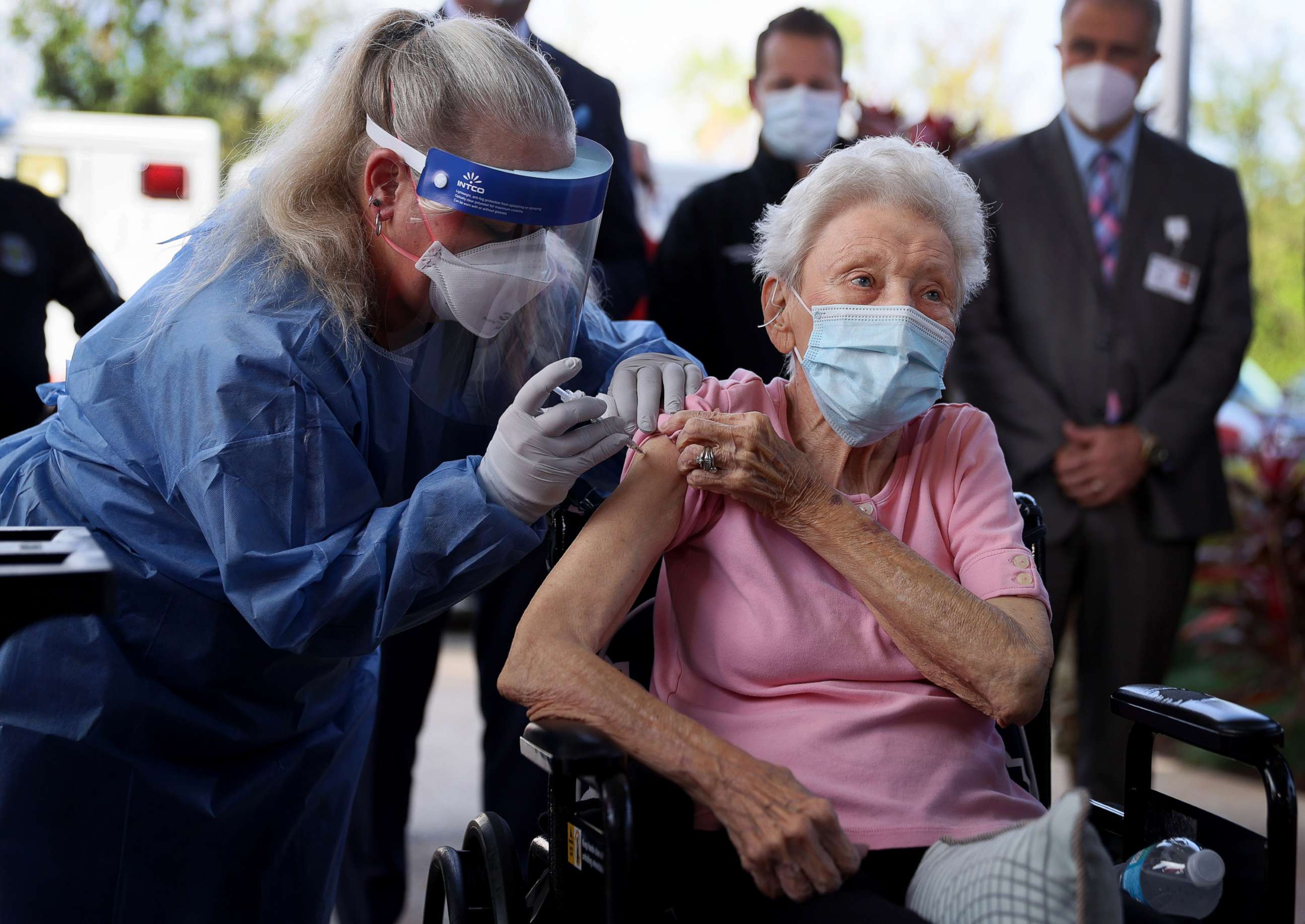 PHOTO: Vera Leip, 88, receives a Pfizer-BioNtech COVID-19 vaccine from Christine Philips, RN Florida Department of Health in Broward County, at the John Knox Village Continuing Care Retirement Community, Dec. 16, 2020, in Pompano Beach, Fla.