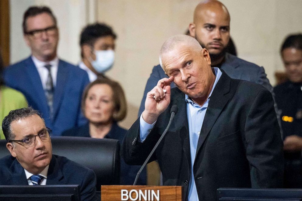 PHOTO: Los Angeles City Councilman Mike Bonin sheds tears as he speaks about the racist comments directed towards his son during the council's meeting, Oct. 11, 2022.