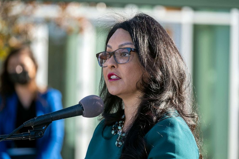 PHOTO: In this Oct. 27, 2021, file photo, Los Angeles City Council President Nury Martinez speaks during an announcement at Los Angeles Trade Technical College in Los Angeles.