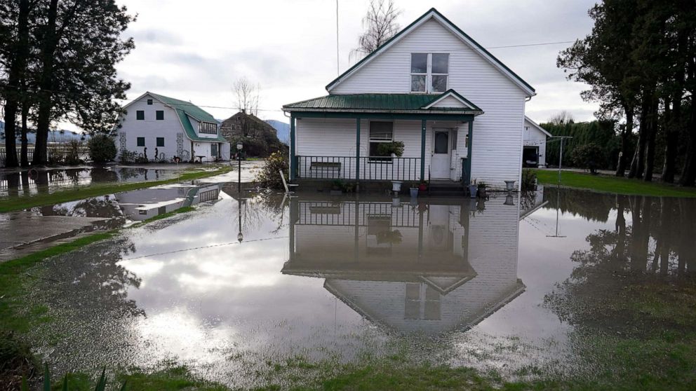 PHOTO: A house sits barely above floodwaters near Everson, Wash., Nov. 29, 2021.