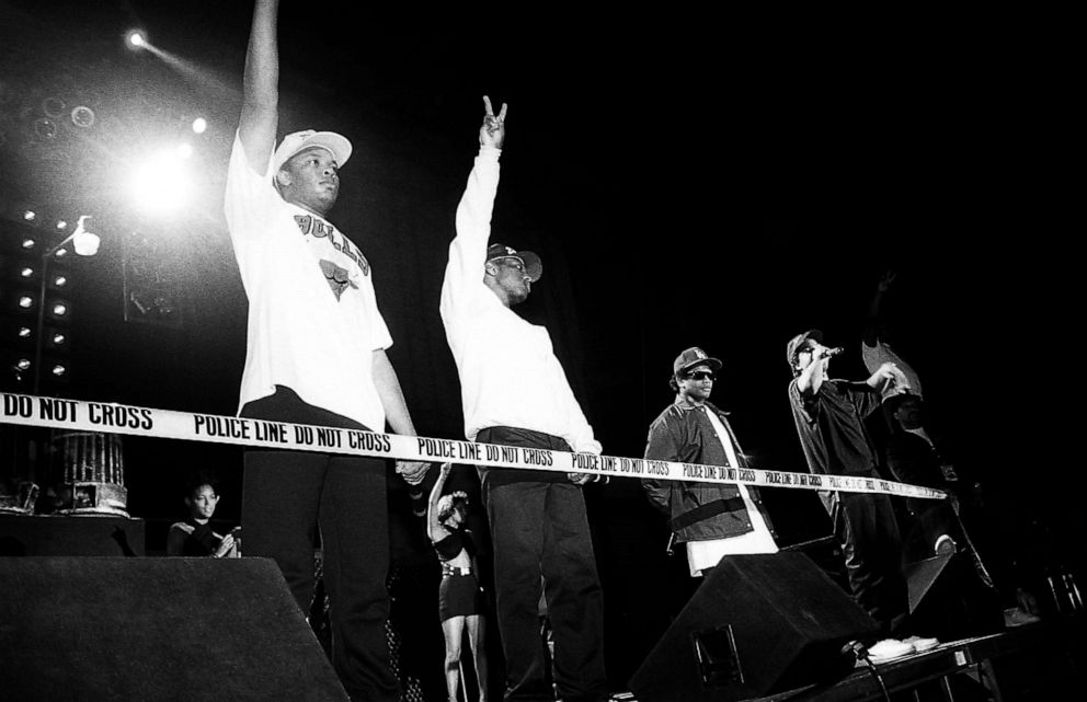 PHOTO: Dr. Dre, MC Ren, Eazy-E and Ice Cube from N.W.A. perform during the Straight Outta Compton tour at the Genesis Convention Center in Gary, Ind., July 1989.