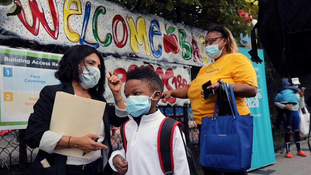 PHOTO: Elementary school students are welcomed back to P.S. 188 as the city's public schools open for in-person learning, Sept. 29, 2020, in New York.