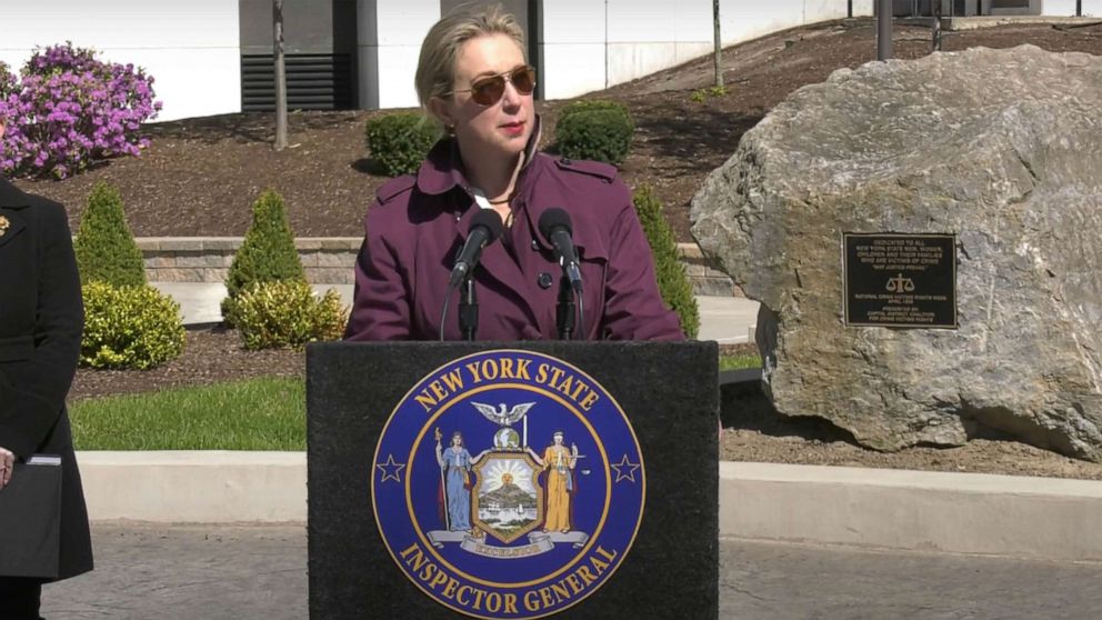 PHOTO: New York State Inspector General Lucy Lang holds a press coverence at the New York State Crime Victims Memorial in Albany, April 28, 2022.