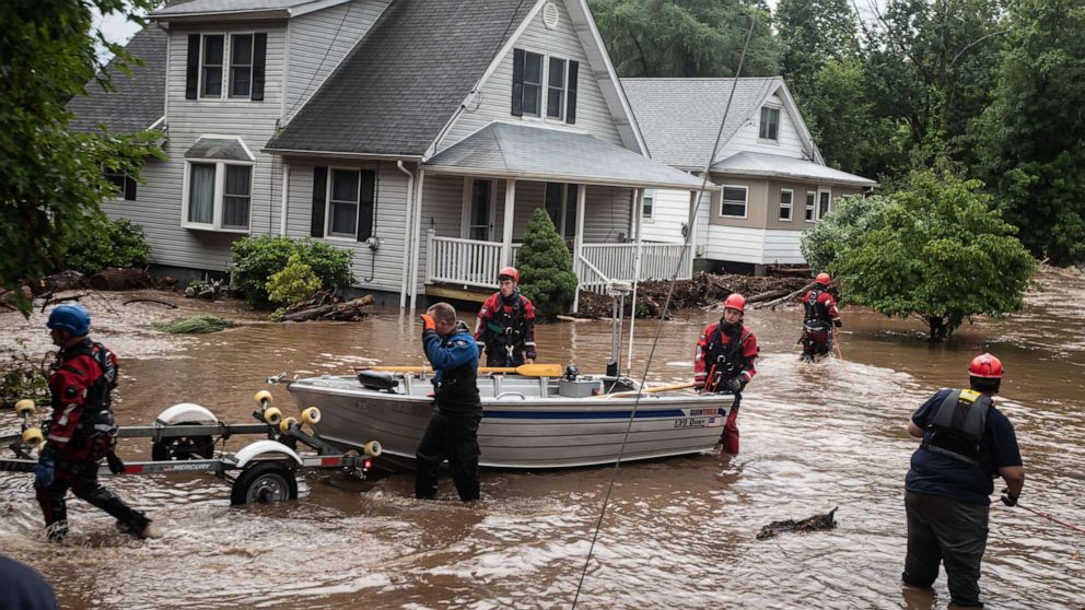 PHOTO: Emergency personnel used a boat to rescue residents of flooded homes on Lowland Hill Rd. in Stony Point New York, July 9, 2023.