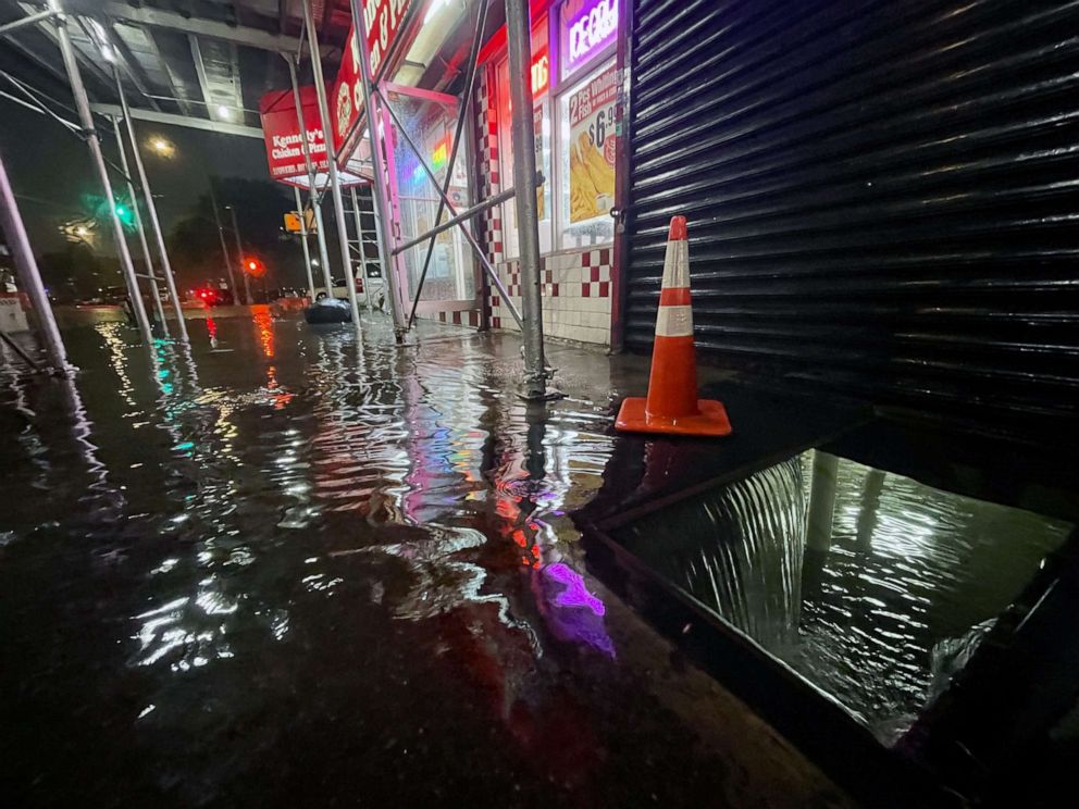 PHOTO: Rainfall from Hurricane Ida flood the basement of a Kennedy Fried Chicken fast food restaurant on Sept. 1, 2021, in the Bronx borough of New York City.