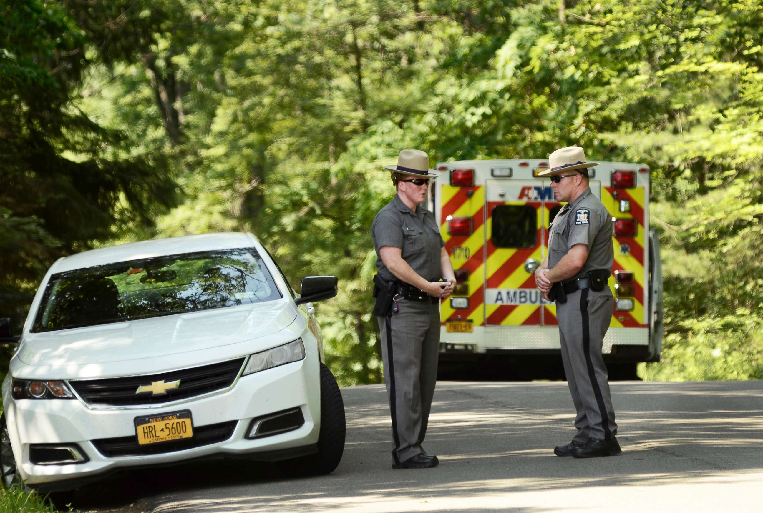 PHOTO: New York State Police block the entrance of Welch Road in Corning, N.Y., July 2, 2018, as they investigate the scene of a shooting near SUNY Corning Community College.