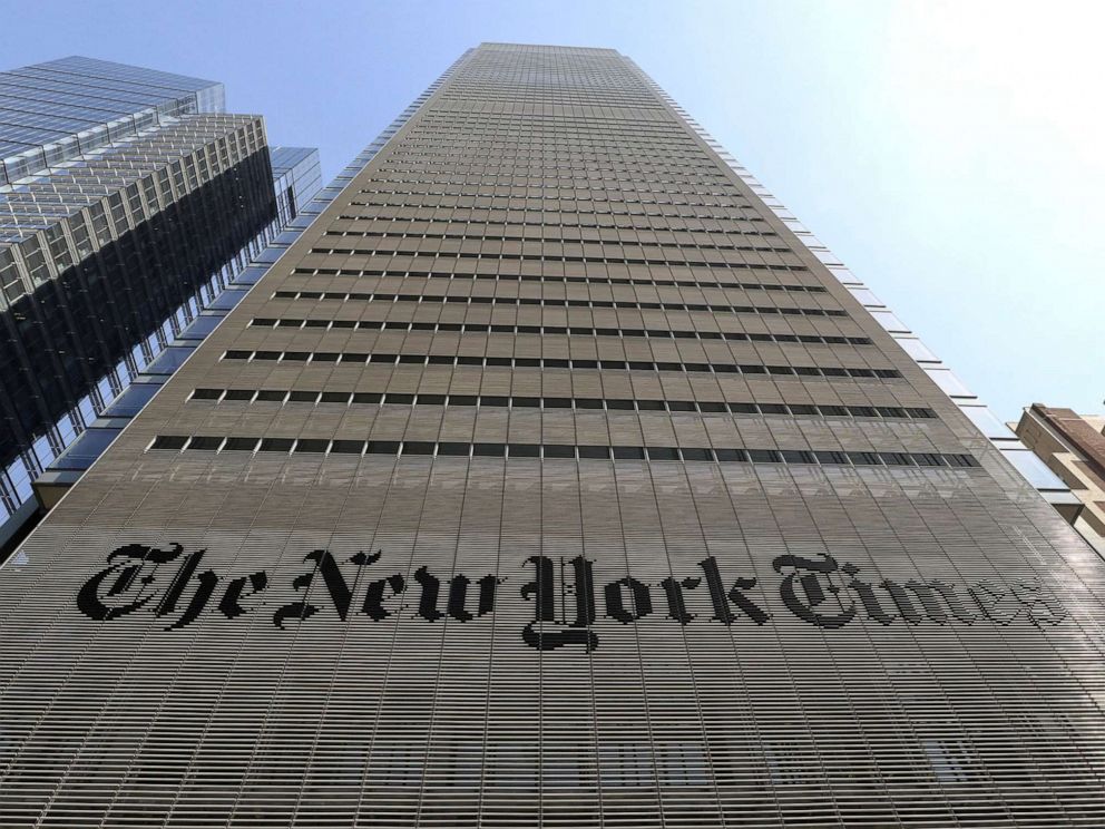 PHOTO: The facade of New York Times building is seen in New York City, April 13, 2018.