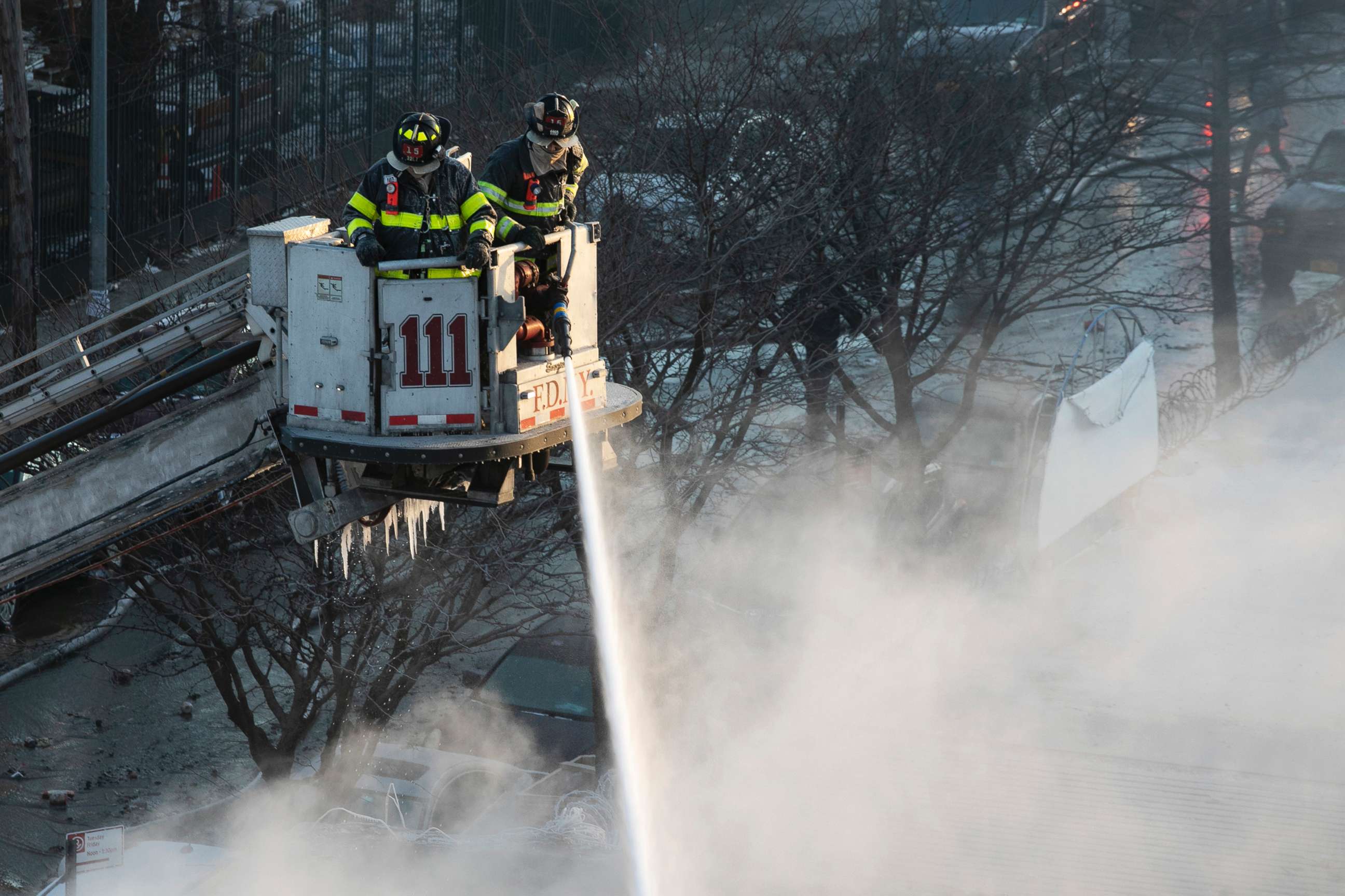 PHOTO: New York firefighters battle a blaze in a commercial building in the Bedford Stuyvesant neighborhood of Brooklyn, Jan. 31, 2019 in N.Y.