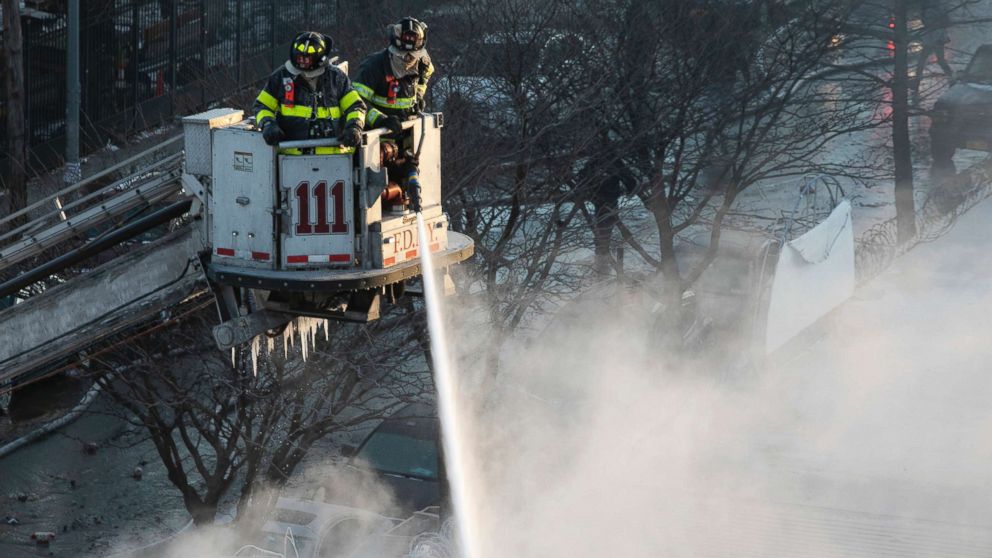 PHOTO: New York firefighters battle a blaze in a commercial building in the Bedford Stuyvesant neighborhood of Brooklyn, Jan. 31, 2019 in N.Y.