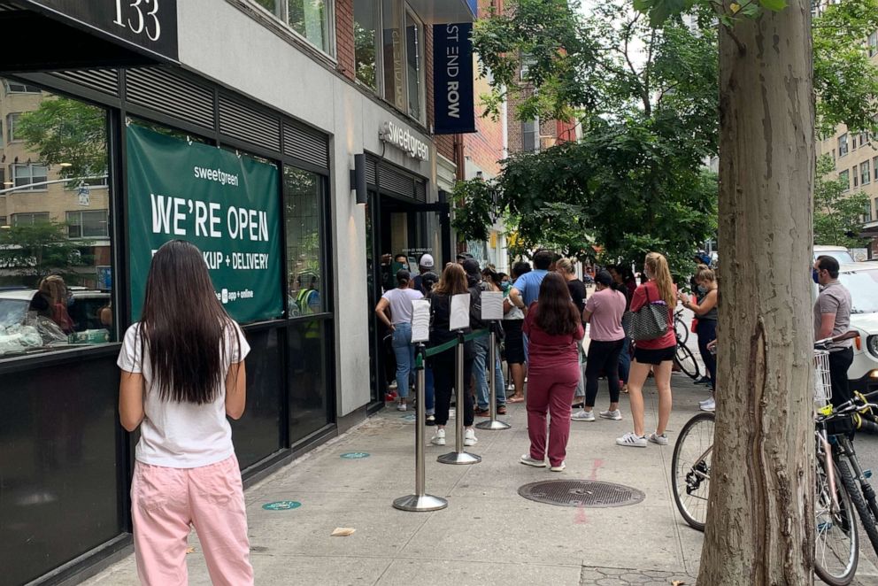 PHOTO: Customers queued up at Sweet Green restaurant on July 8, 2020.