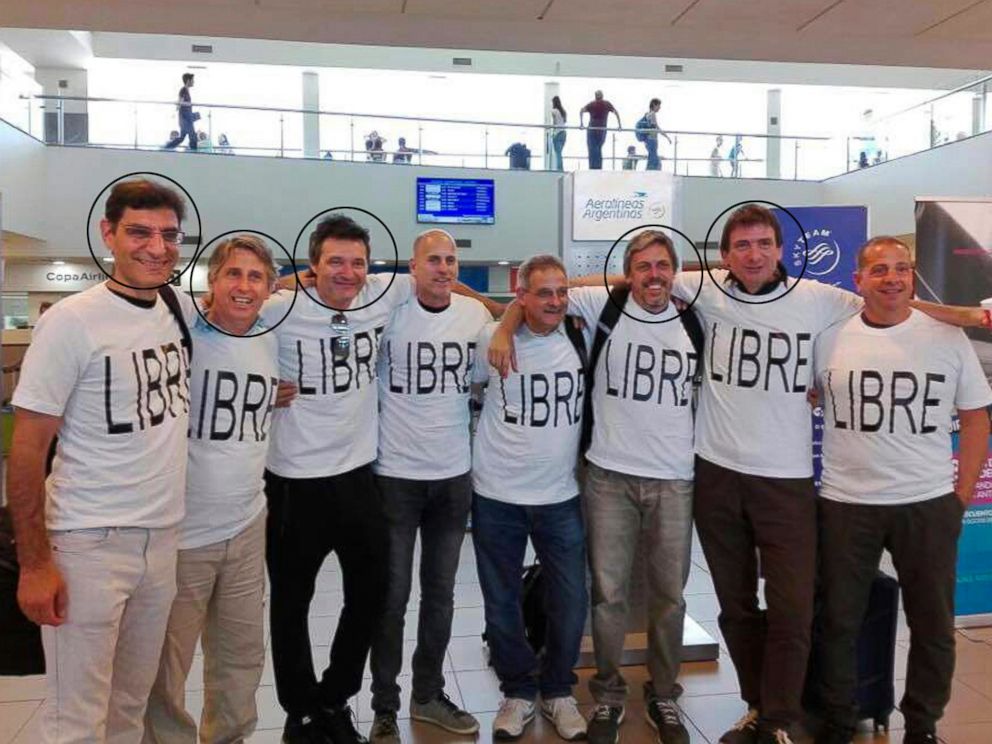 Five of the men, circled, were killed in the bike path attack in New York, Oct. 31, 2017. From left Hernan Ferruchi, Alejandro Pagnucco, Ariel Erlij, Ivan Brajckovic, Juan Pablo Trevisan, Hernan Mendoza, Diego Angelini and Ariel Benvenuto, Oct. 28, 2017.