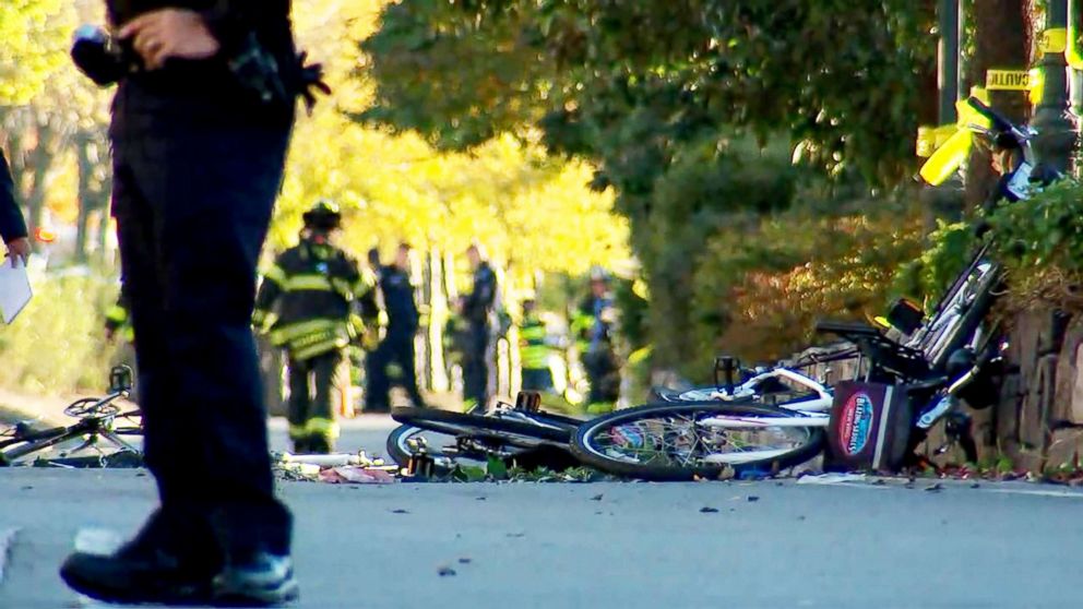 Emergency crews respond to the scene where multiple people were injured after a truck plowed through a bike path, Oct. 31, 2017, in New York City.