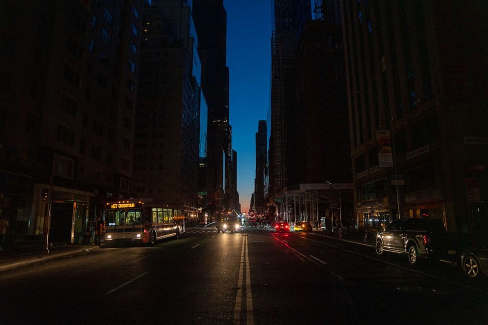 PHOTO: The M57 crosstown bus pick up passengers during a major power outage on July 13, 2019, in New York.