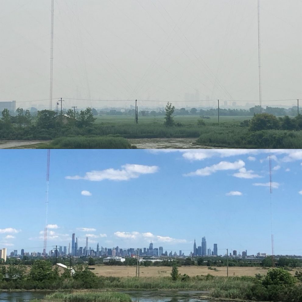 PHOTO: View of New York City (top) on July 20, 2021 from northern New Jersey. A large part of the country, including the northeast, is seeing smoky/hazy skies from wildfire smoke from Canada and the Western U.S. 