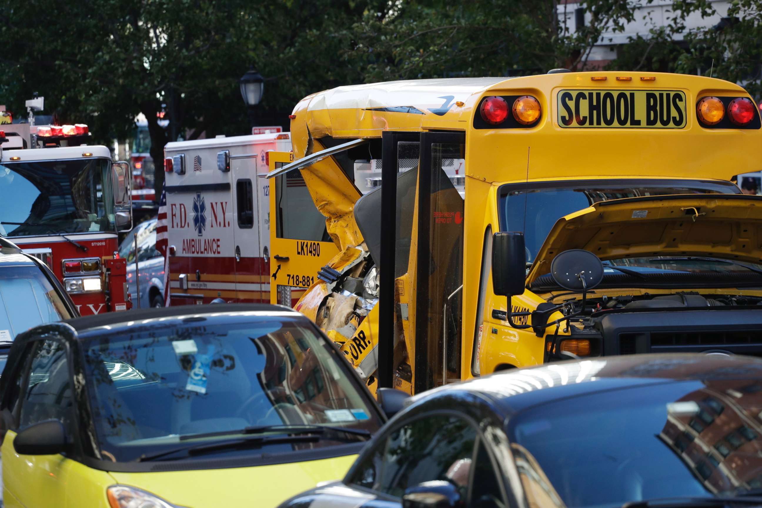 PHOTO: A damaged school bus at the scene where a truck drove into a bike path, Oct. 31, 2017, in New York City.