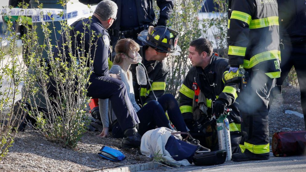 A woman is aided by first responders after sustaining injury on a bike path in lower Manhattan in New York, NY, Oct. 31, 2017.