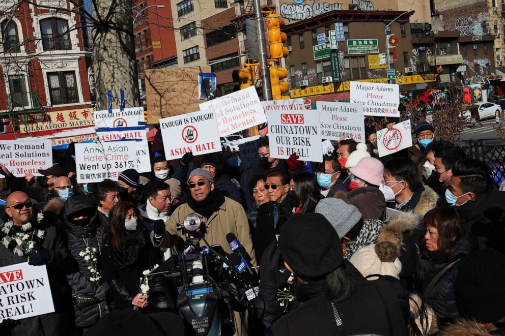 People gather for a rally protesting violence against Asian-Americans at Sara D. Roosevelt Park on Feb. 14, 2022, in the Chinatown neighborhood of New York City the day after the murder of Christina Yuna Lee, who was stabbed to death in her apartment.