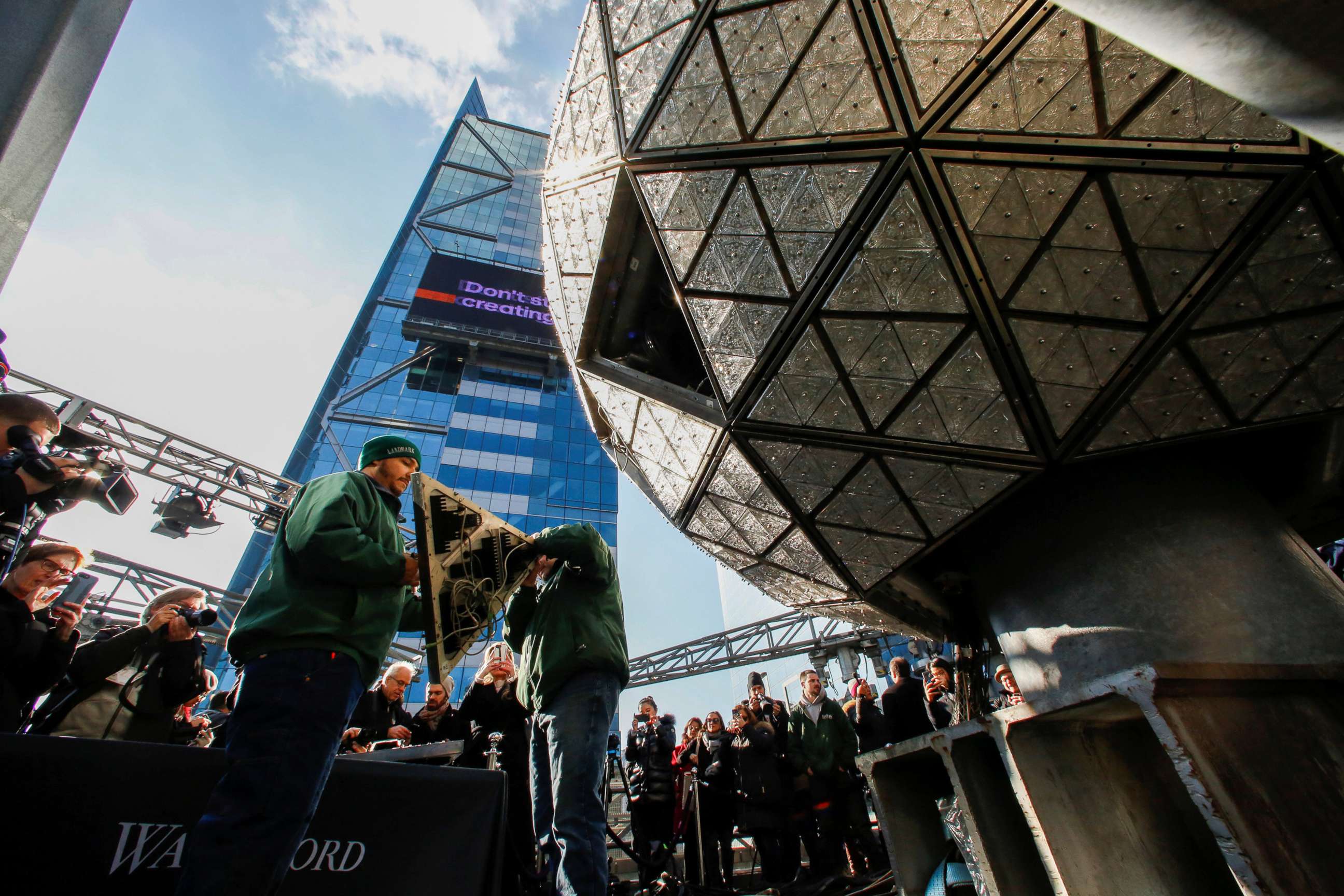 PHOTO: Workers get ready to install Waterford Crystal triangles on the Times Square New Year's Eve Ball on the roof of One Times Square in the Manhattan borough of New York, Dec. 27, 2018.