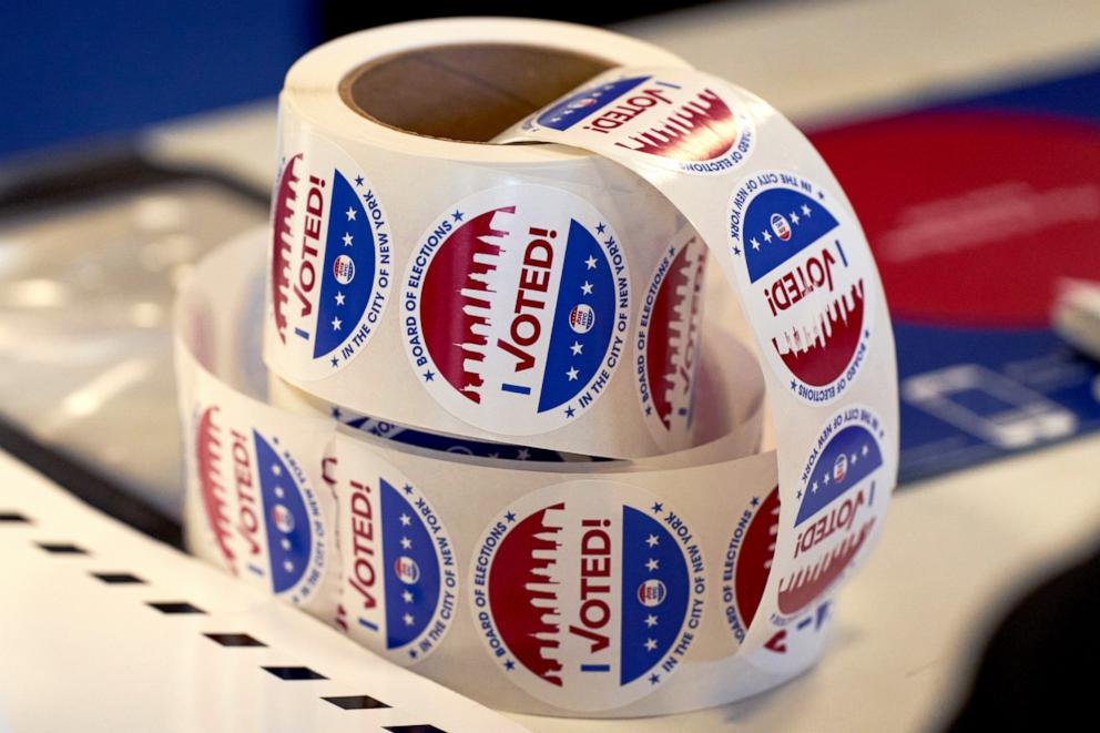 PHOTO: "I Voted" stickers at a polling center inside PS 103 Hector Fontanez in the Wakefield neighborhood of the Bronx borough of New York, June 25, 2024. 