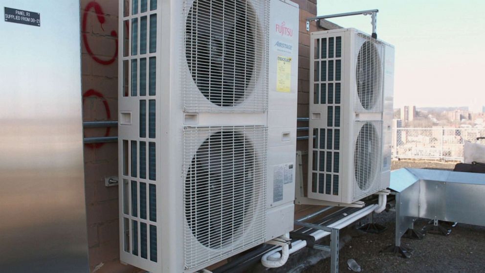 PHOTO: Heat pumps are installed as part of a pilot program at the Fort Independence Houses testing for the electrification of temperature control at all NYCHA's properties citywide, in the Bronx borough of New York.