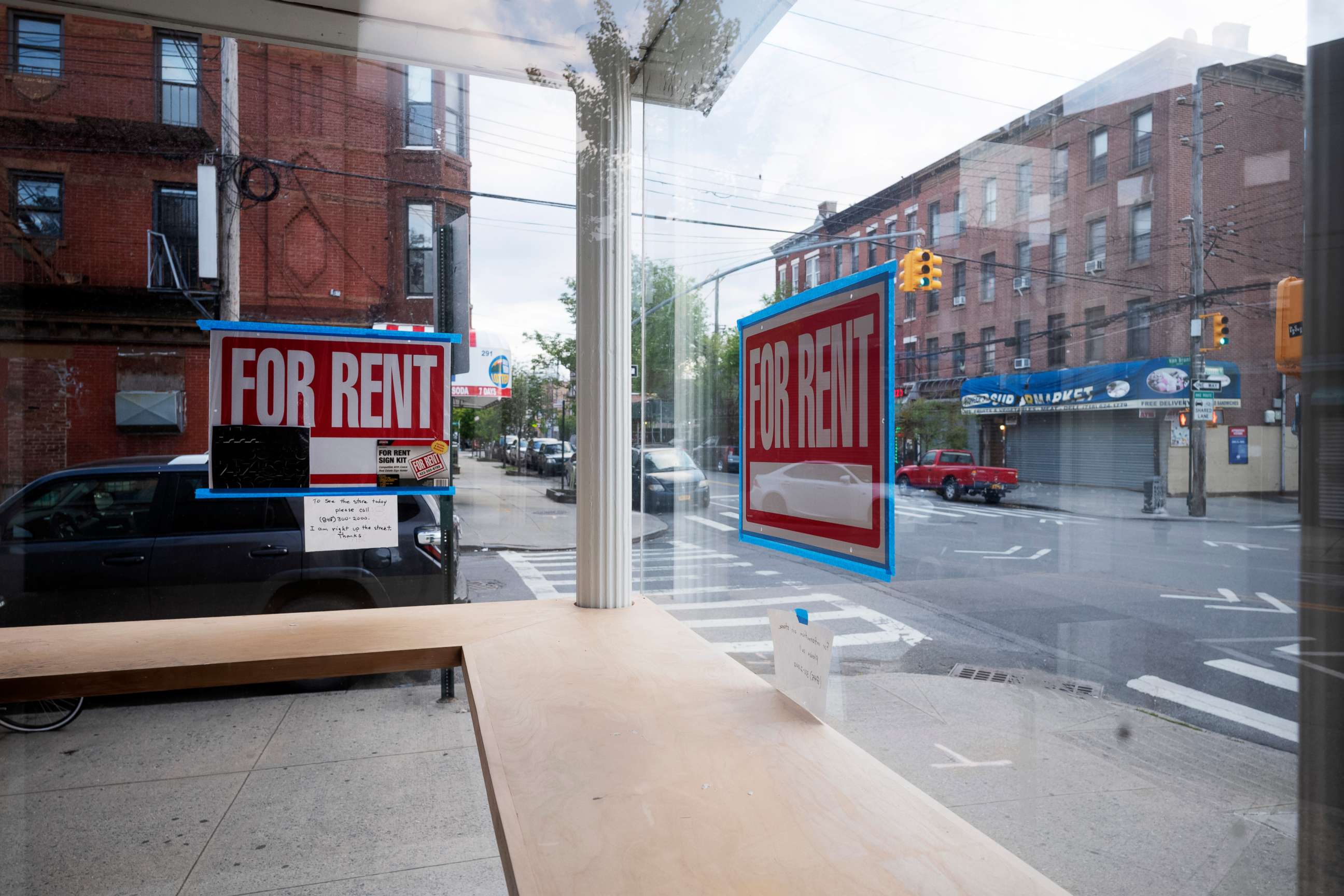 PHOTO: In this May 12, 2020 photo, a storefront displays "For Rent" signs in the window in the Red Hook neighborhood of the Brooklyn borough of New York.