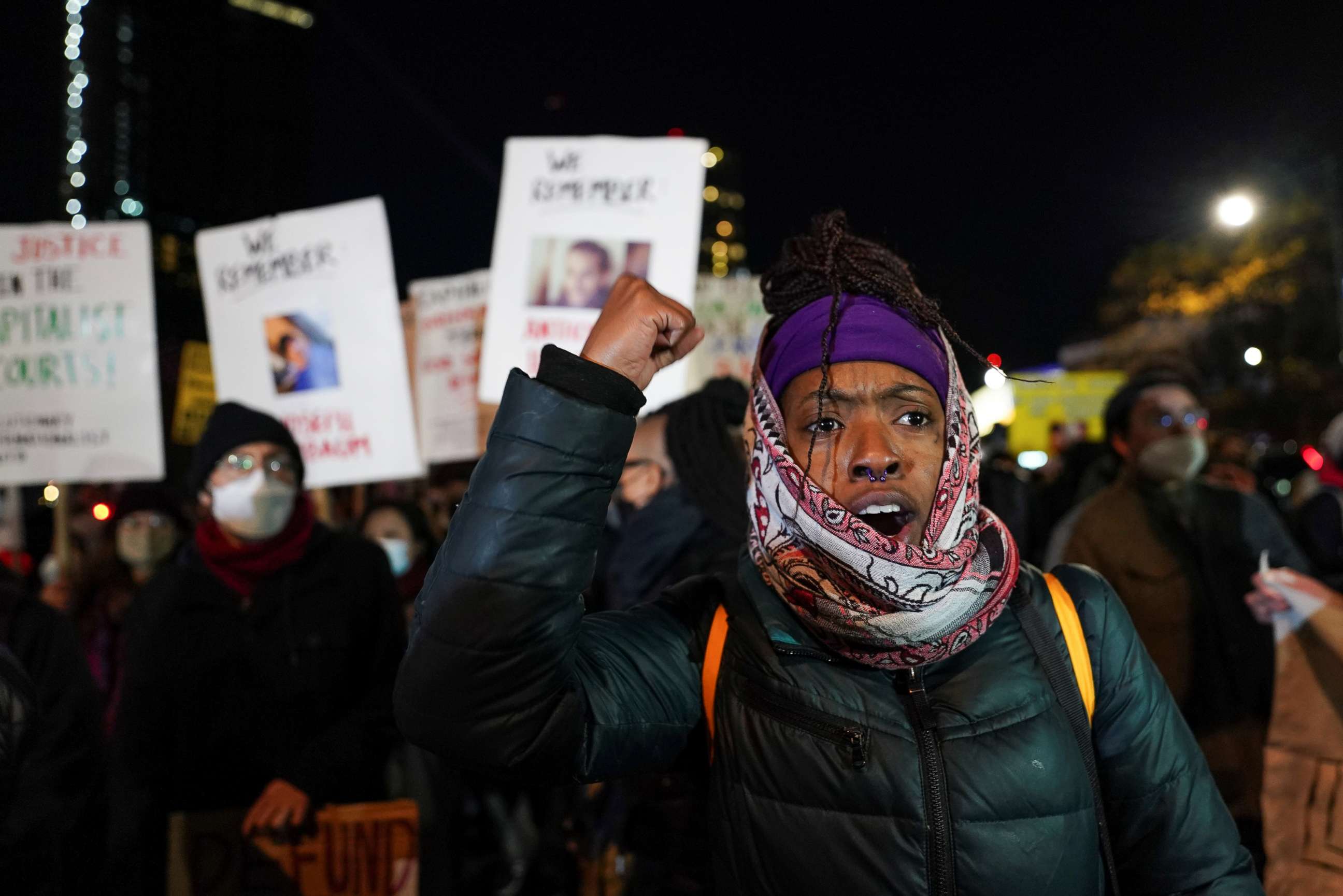 PHOTO: Demonstrators at the Barclays Center in Brooklyn, New York protest against Kyle Rittenhouse acquittal in Wisconsin, Nov. 19, 2021.