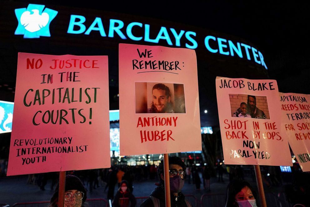 PHOTO: People protest against the Kyle Rittenhouse acquittal verdict in Wisconsin, at the Barclays Center in the Brooklyn, New York City, Nov. 19, 2021.