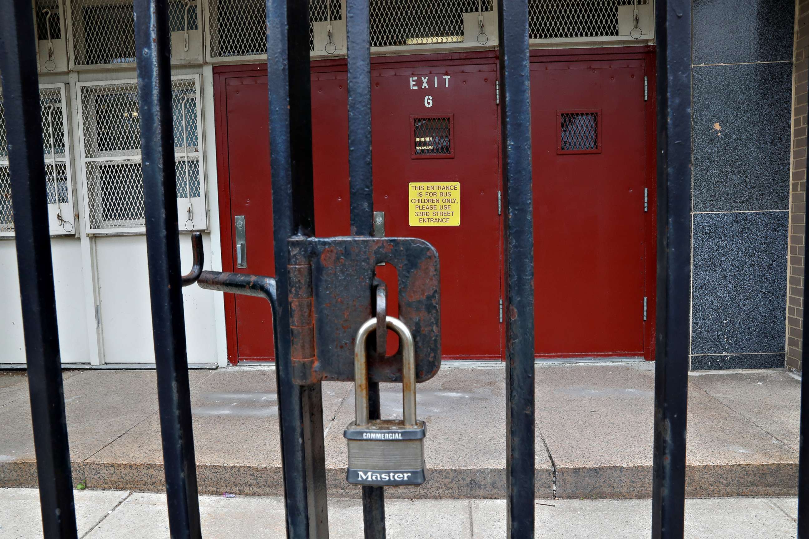 PHOTO: An entrance to Public School 159 is seen locked in the Queens borough of New York City, July 8, 2020.