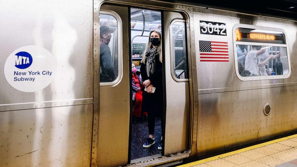 PHOTO: People ride the A train in New York City, April 13, 2021.