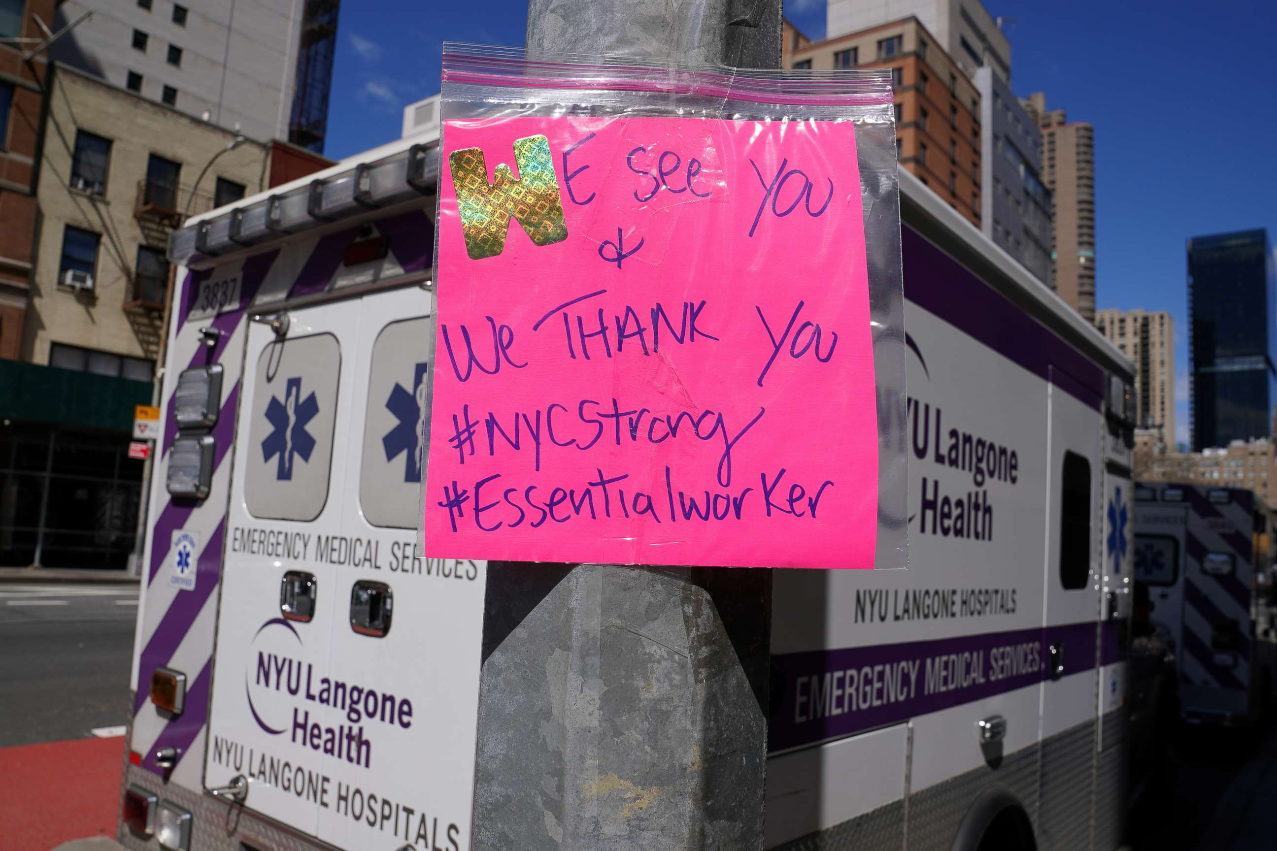 PHOTO: A sign of support is hung outside a hospital during the outbreak of coronavirus (COVID-19), in the Manhattan borough of New York City, April 2, 2020.