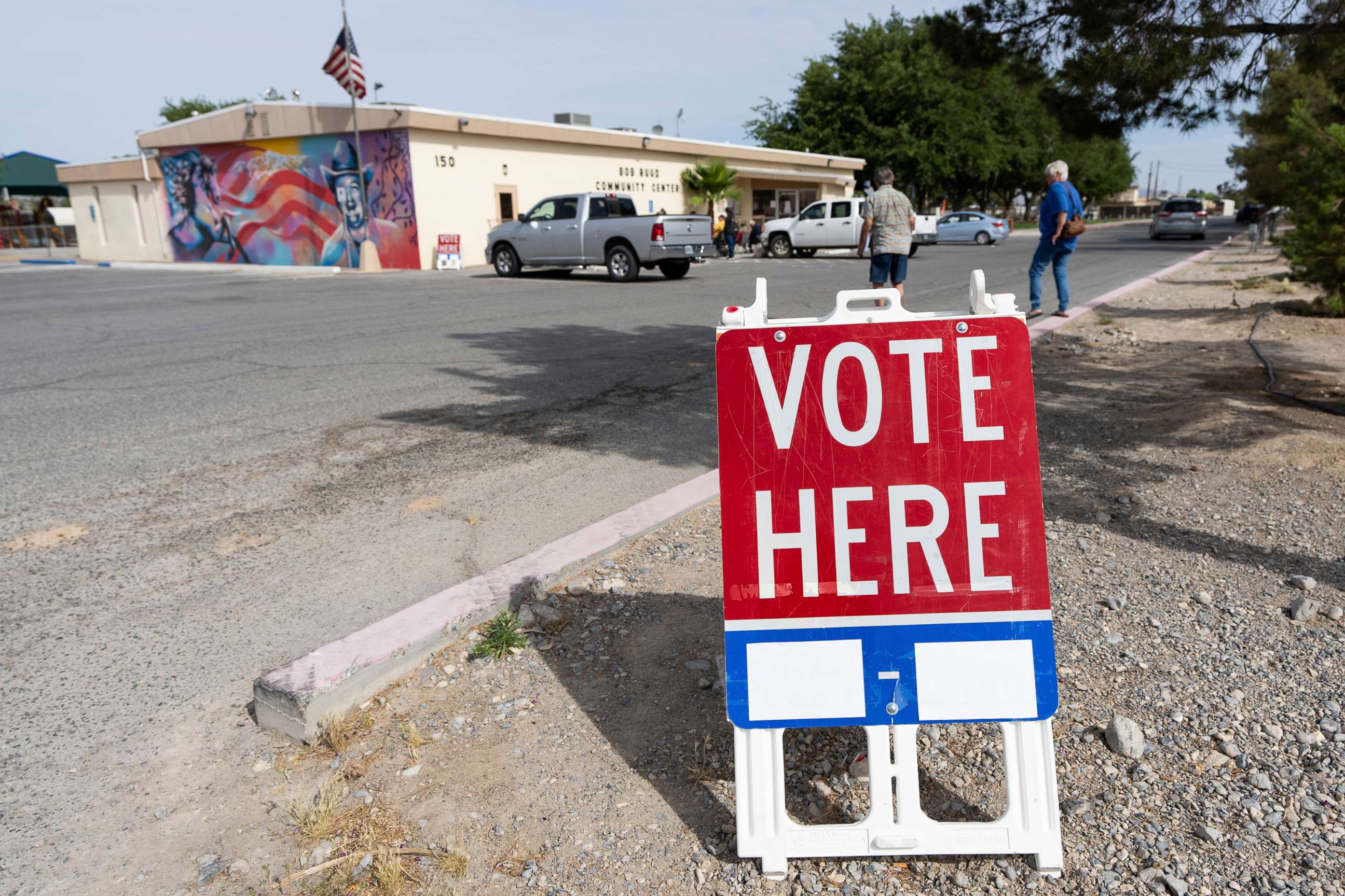 PHOTO: In this May 28, 2022, file photo, voters in Nye County arrives on the first day of early voting at the Bob Ruud Community Center in Pahrump, Nev.