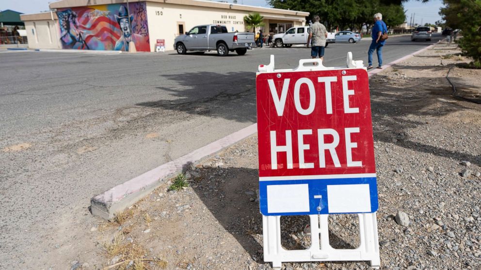 PHOTO: In this May 28, 2022, file photo, voters in Nye County arrives on the first day of early voting at the Bob Ruud Community Center in Pahrump, Nev.