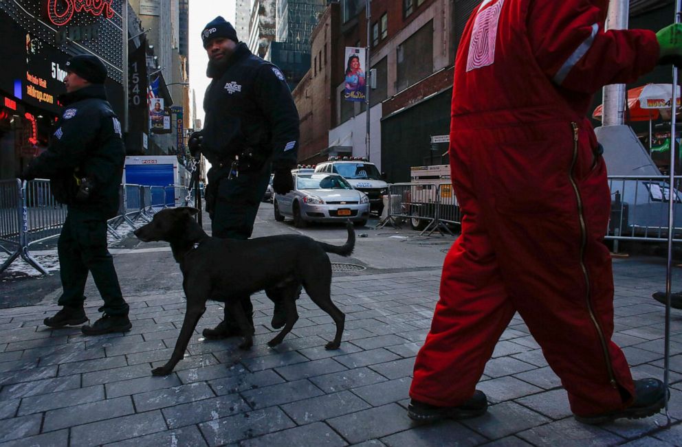 PHOTO: A New York Police Department police dog patrols Times Square as the city gets ready for the New Year's Eve celebrations on Dec. 31, 2017, in New York.