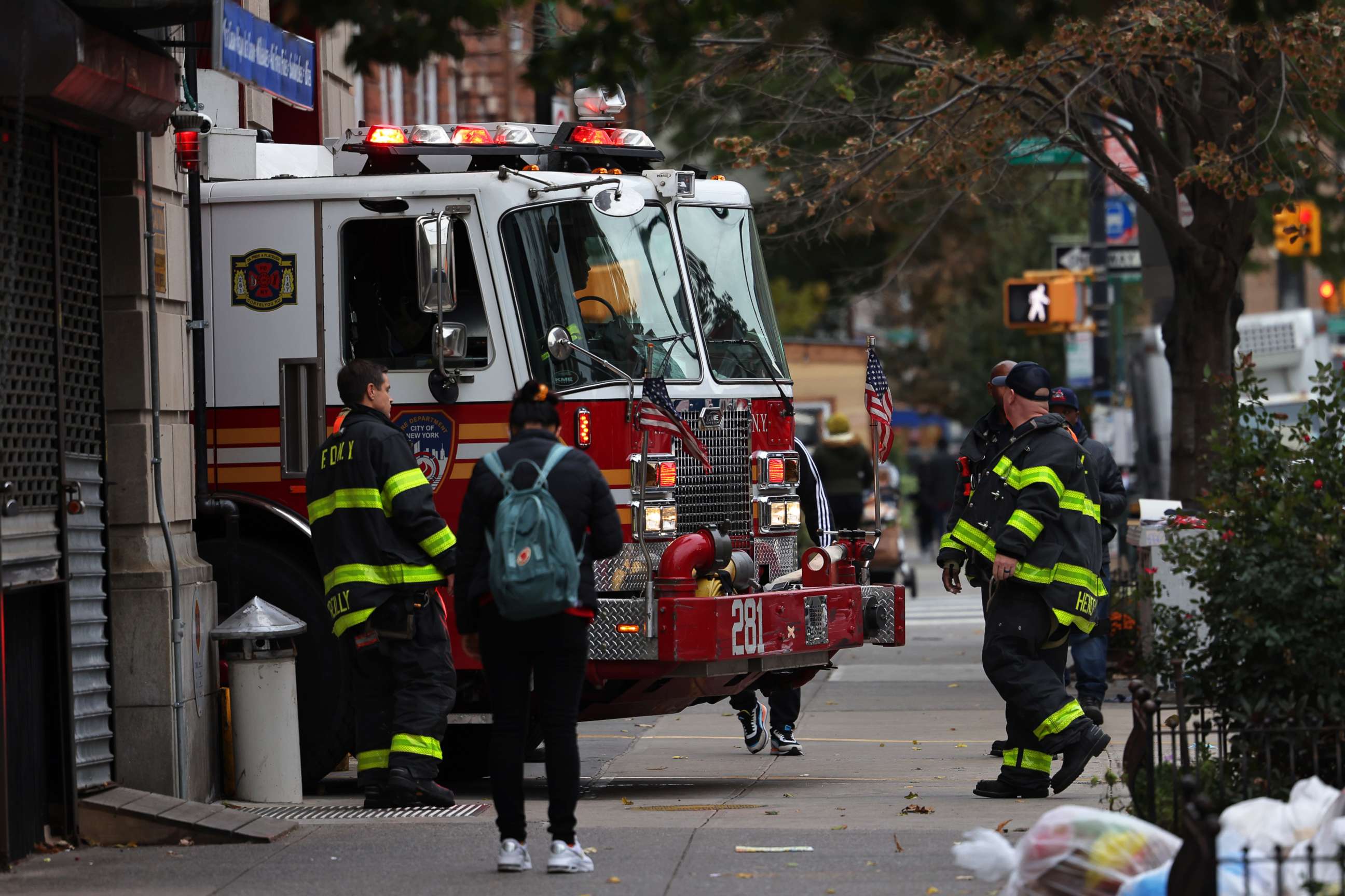 PHOTO: Firefighters watch as their fire engine enters the FDNY Engine 281/Ladder 147 station on Oct. 29, 2021, in the Flatbush neighborhood of Brooklyn borough in New York City.