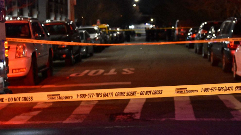 PHOTO: Police tape blocks off a section of Ruby Road after an off-duty New York City Police Department officer was shot in Brooklyn, New York, Feb. 4, 2023.