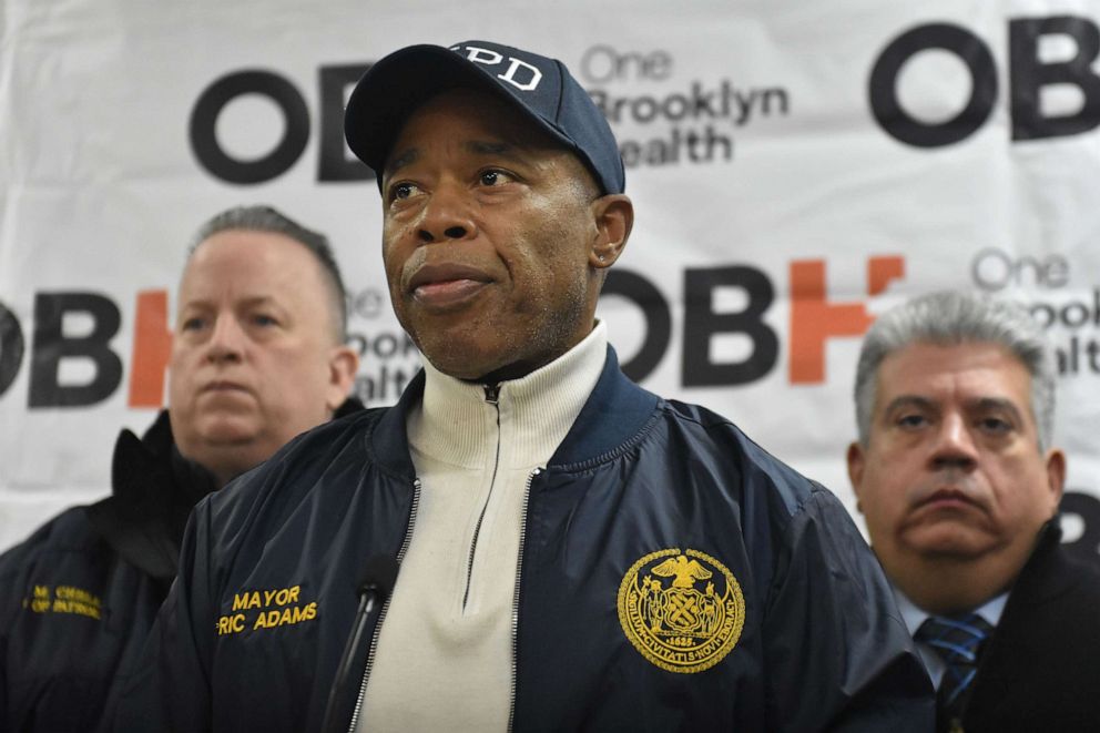 PHOTO: New York City Mayor Eric Adams holds a press conference at Brookdale Hospital after an off-duty New York City Police Department officer was shot on Ruby Road in Brooklyn, New York, Feb. 4, 2023.