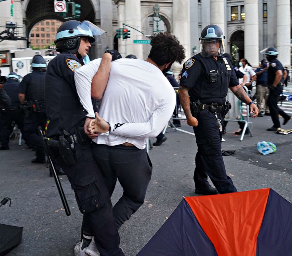 PHOTO: Protestors gather at city hall on July 1, 2020 in New York City. NYPD officers arrested two people and injured several others during a violent confrontation with protesters at City Hall Park on June 30, 202.