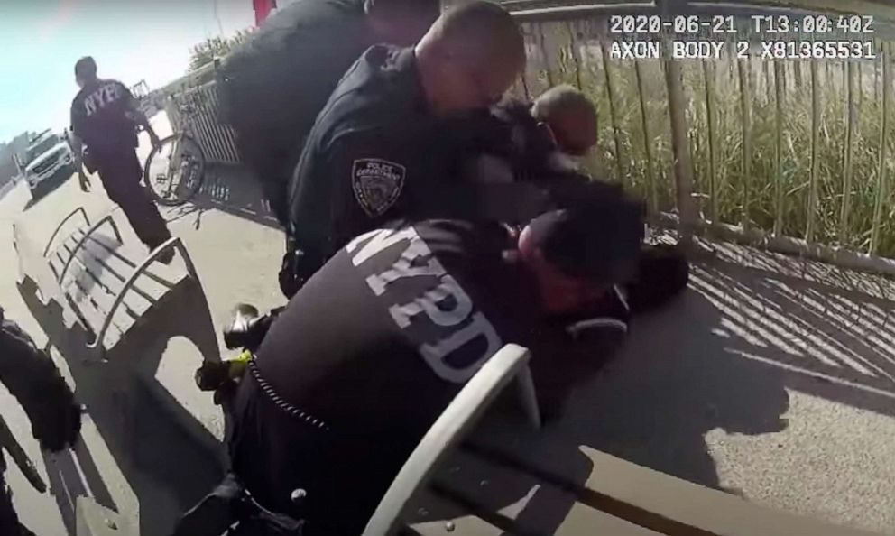 PHOTO: An image from a police body cam video as New York Police officers arrest a man on the Rockaway Beach boardwalk, June 21, 2020, in New York.