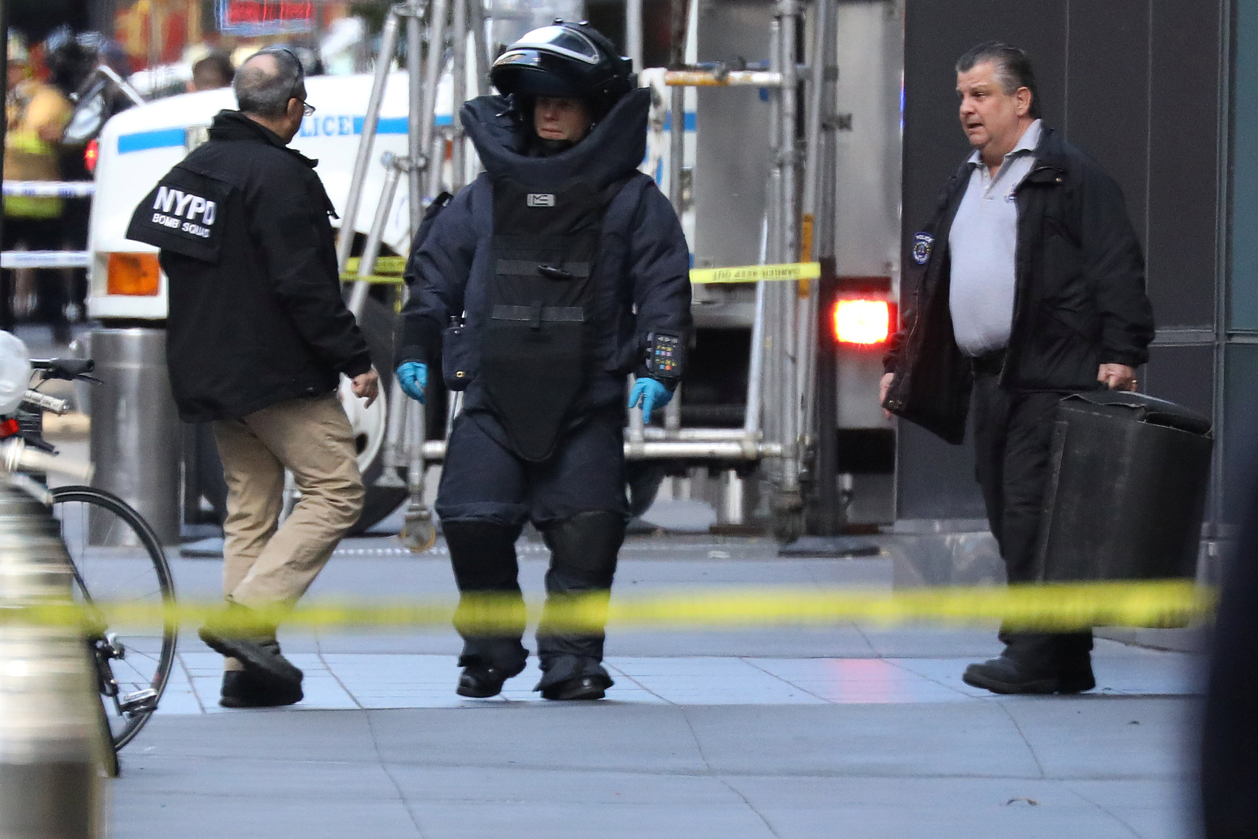 PHOTO: A member of the New York Police Department bomb squad is pictured outside the Time Warner Center in Manahattan, Oct. 24, 2018, after a suspicious package was found inside the CNN Headquarters in New York.