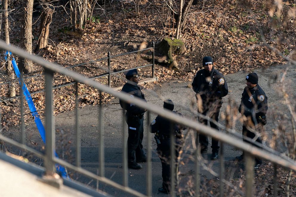 PHOTO: Police officers patrol the entrance of Morningside Park in New York City on Dec. 12, 2019.