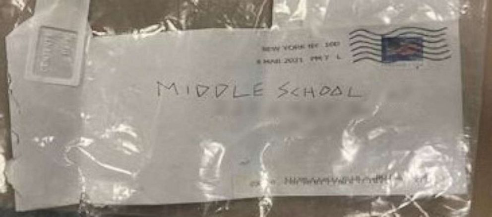 PHOTO: The New York Police Department released a photo of an envelope sent to a school in Manhattan containing a white powdery substance. It was found to be nontoxic.