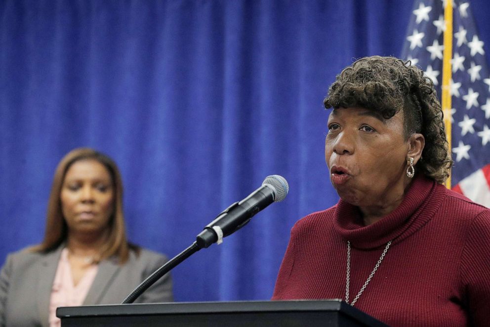 PHOTO:Gwen Carr, an activist whose son Eric Garner was killed by New York City police in 2014, speaks as New York State Attorney General, Letitia James, looks on during a news conference, to announce criminal justice reform in New York City, May 21, 2021.