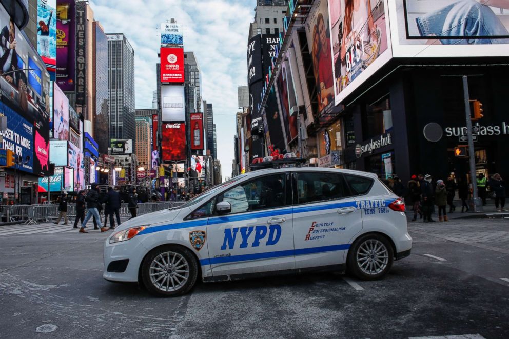 PHOTO: A New York Police Department (NYPD) car is parked in Times Square prior to New Year's Eve celebrations on Dec. 31, 2017 in New York.