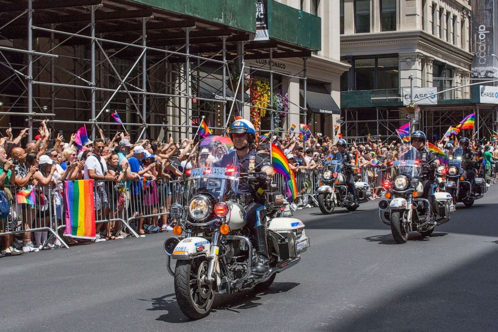 PHOTO: NYPD officers ride in the annual Pride Parade, June 29, 2019 in New York City. 